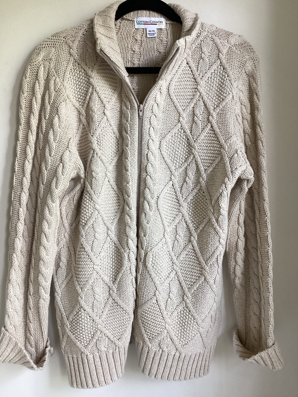 Cotton Country Cable Knit Cardigan Sweater Medium Cream Oatmeal Fisherman Chunky